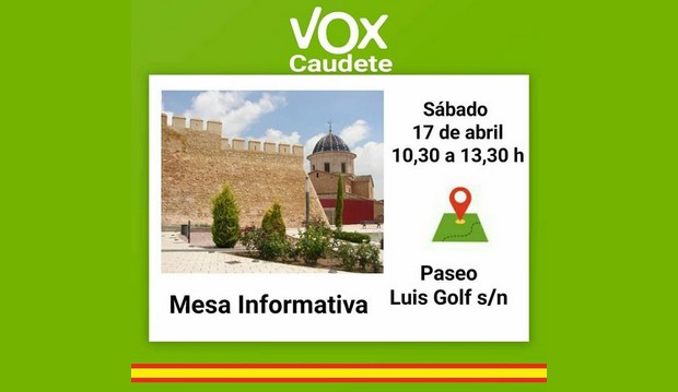 Lee más sobre el artículo Vox Caudete instalará una mesa informativa en el Paseo Luis Golf el próximo sábado