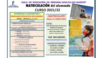 Abierto el plazo de matriculación del Curso 2021-2022 del Aula de Personas Adultas de Caudete