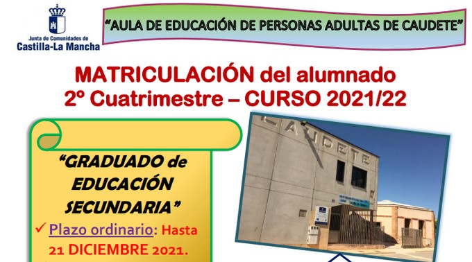 Lee más sobre el artículo Se abre el plazo de matriculación del 2º cuatrimestre del Aula de Educación de Personas Adultas de Caudete