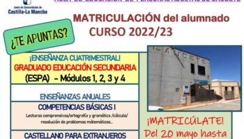 Abierto el plazo de matriculación para el Curso 2022 / 2023 del Aula de Educación de Personas Adultas de Caudete
