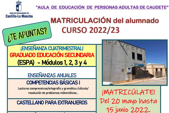 Lee más sobre el artículo Abierto el plazo de matriculación para el Curso 2022 / 2023 del Aula de Educación de Personas Adultas de Caudete