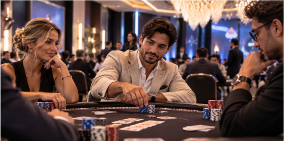 Jugadores participan en una partida de póker en un casino elegante