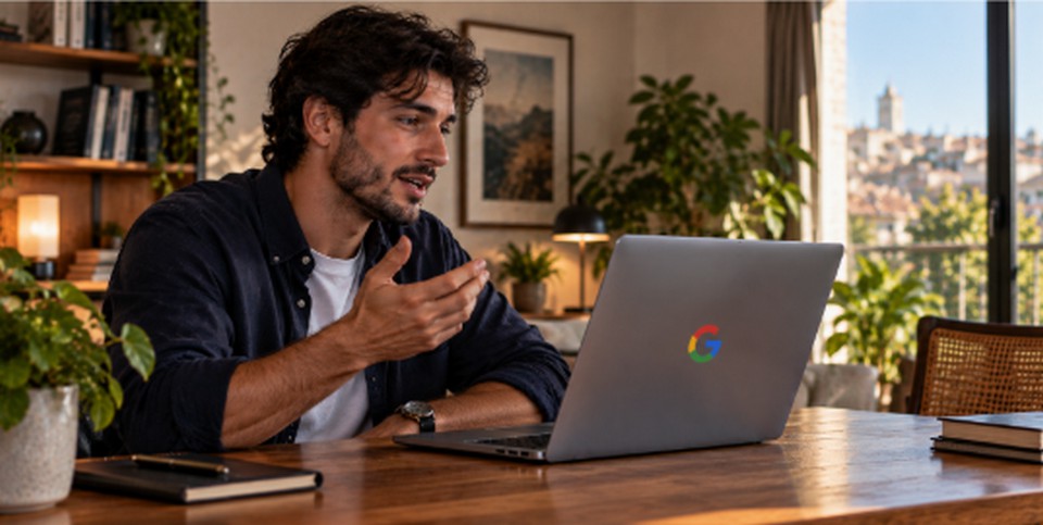 Hombre usando un portátil con el logotipo de Google en una oficina doméstica