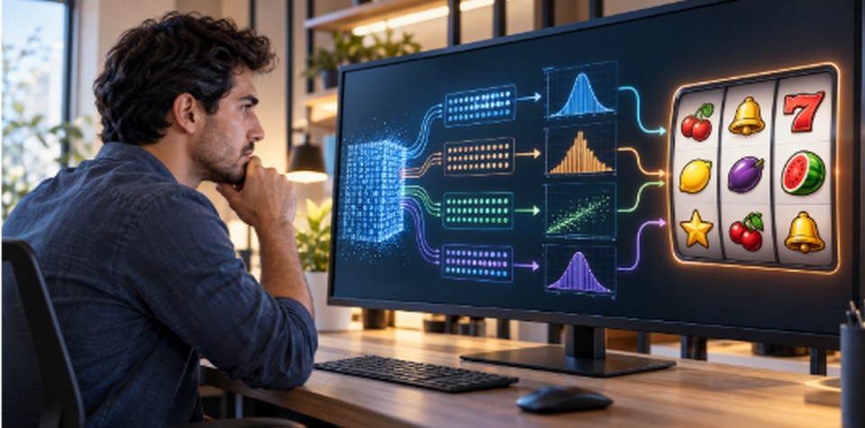 Analista observa datos y símbolos de un juego digital